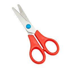 Red-handled scissors with blue accents isolated on a transparent background