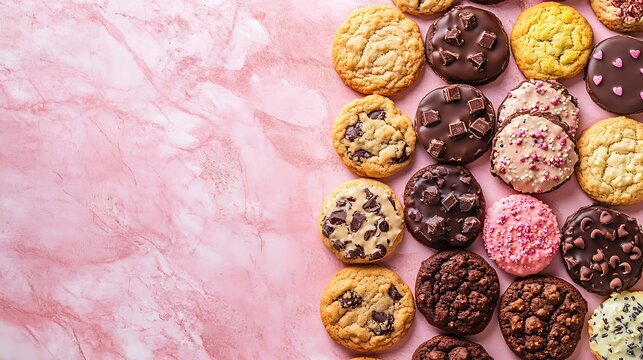 Assorted colorful chocolate cookies on pink marble countertop