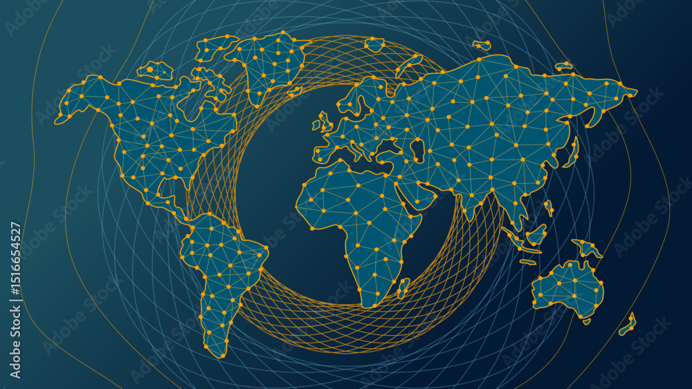 Wall mural abstract global data network connection, blue yellow fractals and quantum ai connected dots on a out