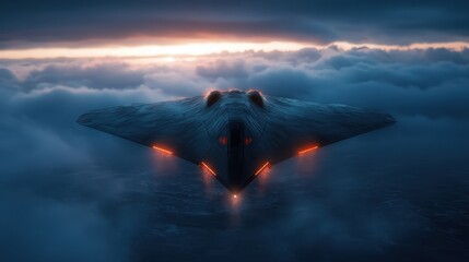 A sleek, futuristic stealth aircraft gliding effortlessly above a blanket of clouds at sunset, showcasing its advanced technology and aerodynamic design.