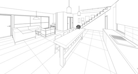 interior kitchen living room 3d illustration	
