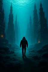 Fototapeta premium A Mysterious Journey Through an Ancient Underwater City Illuminated by Towering Lights in a Surreal Futuristic Fantasy World