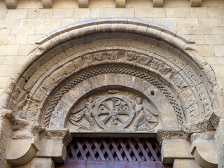 Church and cloisters of San Pedro in Huesca, Aragon Spain. Romanesque building ROMANIC DETAILS IN ARAGON