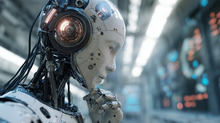 A humanoid AI with realistic skin and glowing eyes working in a futuristic lab