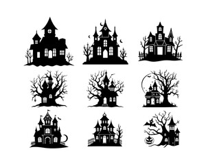 Spooky Haunted House Silhouette Bundle – Halloween Vector Set with Creepy Mansions, Dead Trees, Bats, and Full Moon Elements.