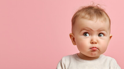 Curious baby with a puzzled expression frowns slightly while looking up, set against a pink background, capturing a moment of innocent confusion.
