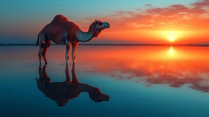 A surreal illustration of a camel walking on water at dusk, perfect for fantasy-themed projects, meditation apps, or tranquil space designs.