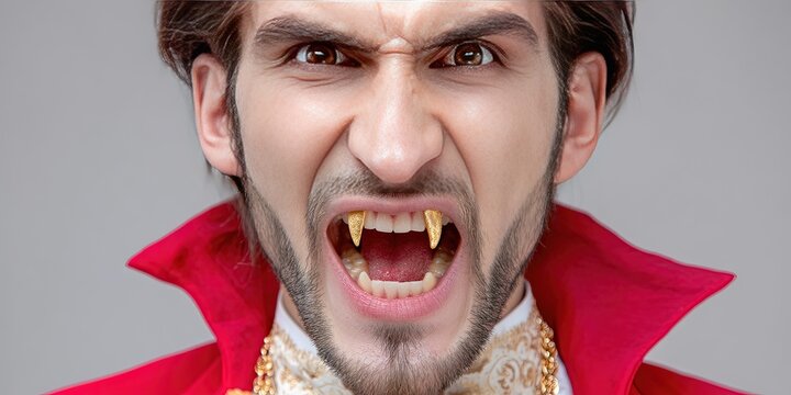 dynamic angle photo of count dracula with gold fangs grill, dynamic pose