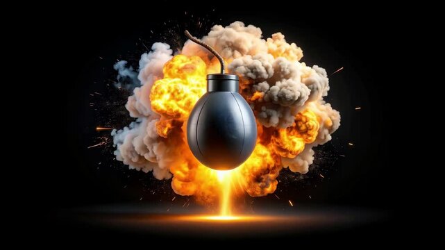 Cartoon bomb with a lit fuse explodes in a large colorful fireball and white smoke against a black background.