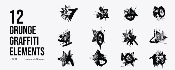 Grunge Graffiti Halftone Texture Elements Set Abstract Geometric Shapes. Ink Spray Horror Borders. Glitch Distortion.  Noise Overlay And Distressed Vector Effects