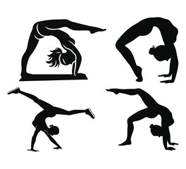 Flexible Woman Silhouette Icons, Gymnastics, Yoga & Acrobatic Poses, On white Background
