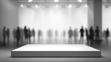 minimalistic empty stage with blurred people in background offers significant copy space