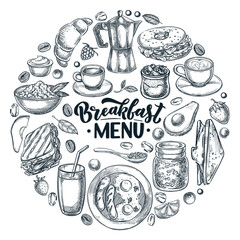 Breakfast menu, vector sketch illustration. Coffee, croissant, sandwiches, juice and eggs isolated on white background © Qualit Design