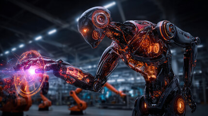 Hands of robots touching on robotics network connections highlight intelligent systems transforming industries. Robotics enables collaboration, enhances precision, automates, and advances connectivity