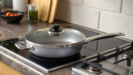 Close-up of a gray frying pan with a glass lid on a black induction stove in a modern kitchen setting, featuring a gas burner, tomatoes, and pesto in the background
