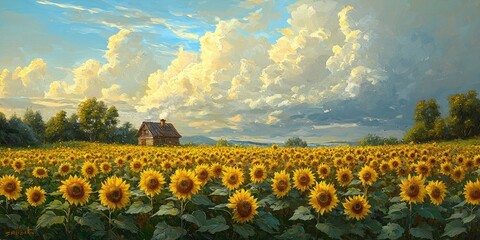 Fototapeta premium Field of blooming sunflowers under blue sky with scattered clouds, rustic wooden house in background. Generative by AI.