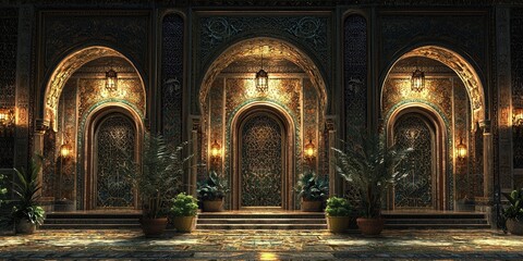 Fototapeta premium Grand arched courtyard with patterned tiles, potted plants, and detailed columns under sunlight. Generative by AI.