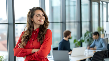 Obraz premium Portrait of confident businesswoman, smiling bright, modern office with busy people working background 