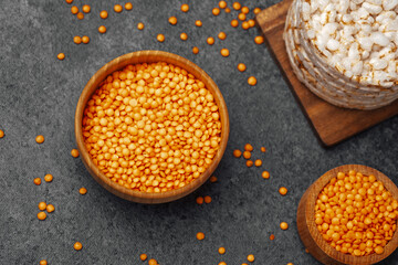 Colorful split peas and puffed snacks on a kitchen countertop