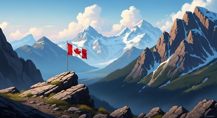 Canadian Flag Waving Atop Rocky Mountain Peak with Snow and Clouds - Perfect for Canada Day theme