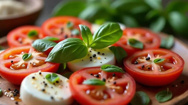 Caprese Salad with Fresh Tomato, Mozzarella, and Basil Leaves&nbsp;- Video footage