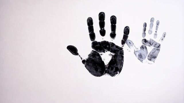 Handprints of different sizes showing the concept of family, growth and childhood memories with black and grey paint on bright white backdrop