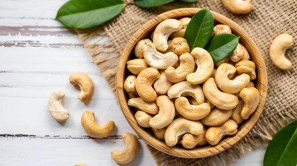Roasted cashews in a wooden bowl, perfect for a healthy snack.