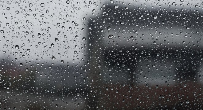 Close-up of raindrops on a window with blurred background outside  