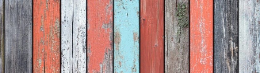 Vertical wooden planks with distressed paint in various colors