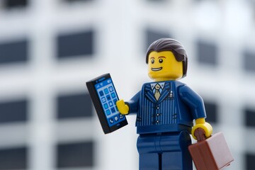 Obraz premium Tambov, Russian Federation - October 20, 2024 Lego businessman minifigure with a mobile phone against an office building
