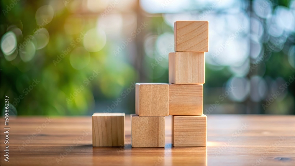Aufkleber Wooden Blocks Arranged in Ascending Order on a Tabletop Against a Soft-Focus Natural Background Representing Growth and Progress