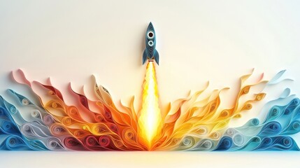 a vibrant and intricate quilled paper artwork depicting a rocket launching into the sky, symbolizing the concept of a startup business taking off with great speed and ambition.