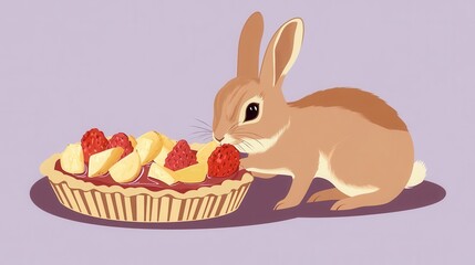 A rabbit enjoys a delicious fruit pie.