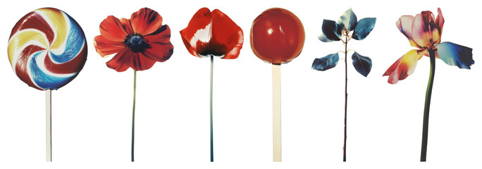 PNG Colorful lollipops, flower-shaped, vibrant candy collage element set on transparent background.