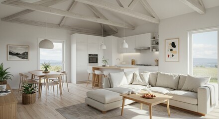 Fototapeta premium Scandinavian-inspired casual house with light wood tones, simple decor, open layout, and natural light flooding in through large windows.