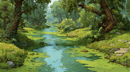 Fototapeta premium Swamp in jungle forest cartoon vector game background. Tropical scene with green water lake environment illustration. Fantasy bog with tree and liana, sunny summer day. Sunny amazon rainforest