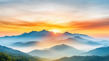 Obraz premium the peaceful evening sky fades from vivid hues of orange and pink to a soft pastel palette, casting a serene glow over the layers of distant mountains as daylight gives way to twilight.