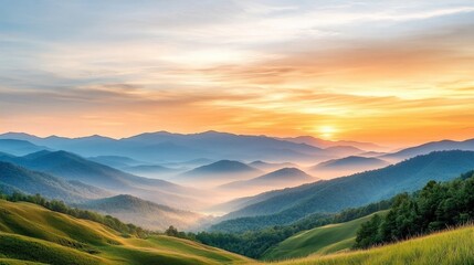 the peaceful evening sky fades from vivid hues of orange and pink to a soft pastel palette, casting a serene glow over the layers of distant mountains as daylight gives way to twilight.
