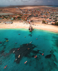 Aerial view of Santa Maria, Sal Island, Cape Verde – showcasing the vibrant town, white sandy...
