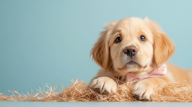 A sweet golden retriever puppy with a bowtie rests adorably on a soft background, radiating innocence and charm, making it the perfect subject for pet lovers and animal enthusiasts. - Powered by Adobe
