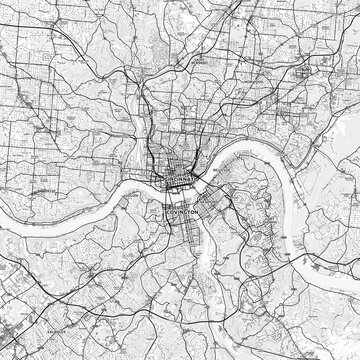 Cincinnati Area Map with Labels and Neighborhoods - One color, minimalistic design