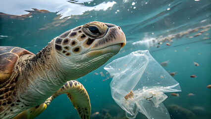 Portrait of sea turtle swims underwater, plastic pollution visible, environmental problem and ocean clean up concept