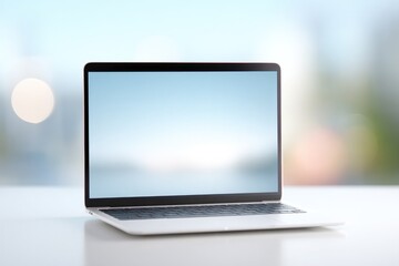 Fototapeta premium minimalistic setup shows person participating in video conference with clean desk and open laptop