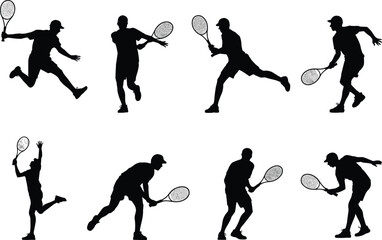 Silhouette of tennis players in action poses with racket, sports vector illustration, athlete icons, black isolated figures, competitive movement