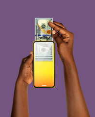 Black African hand Withdrawing pulling removing transferring US dollar notes through smart mobile phone screen. Online banking transfer receiving payment. money business transaction concept app