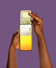Black African hand Withdrawing pulling removing transferring Indian rupee notes through smart mobile phone screen. Online banking transfer receiving payment. money business transaction concept app