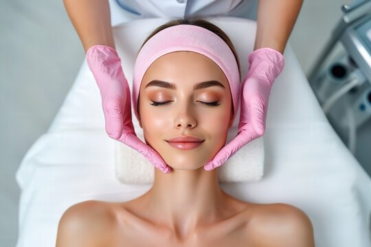 Young caucasian female enjoying a relaxing facial treatment at spa - National Beautician's Day