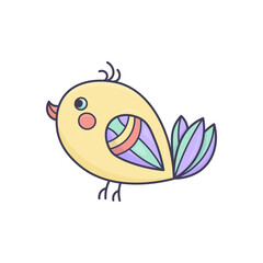 Cute doodle bird in pastel colors, cartoon clipart on white background. Decorative hand-drawn illustration for kids, prints, and craft projects.