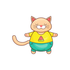 Cute cartoon cat in colorful clothes, doodle style on white background. Fun hand-drawn character for kids' designs, prints, and educational materials. On a white background