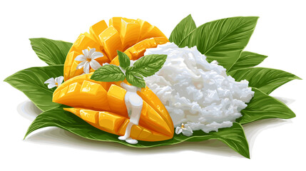 Thai mango sticky rice served on a green banana leaf with ripe mango slices and coconut milk drizzle, flat vector style